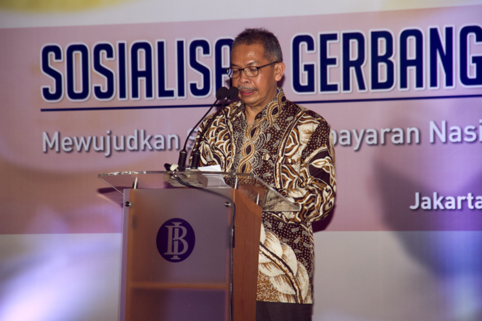 Deputi Gubernur Bank Indonesia Sugeng memaparkan sistem pembayaran nasional dengan hanya menggunakan satu kartu. Fajar/KAGAMA
