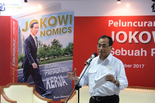 Menteri Perhubungan Budi Karya Sumadi menyampaikan keynote speech dalam peluncuran buku Jokowinomics: Sebuah Paradigma Kerja di Wisma Bisnis Indonesia, Jakarta [Foto ISTIMEWA]